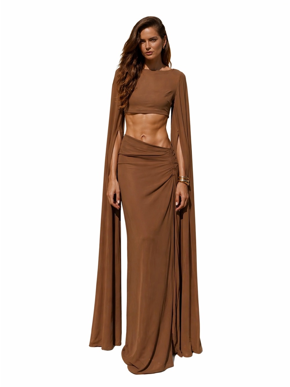 Brown High-Waist Maxi Skirt with crop top Side Drape like cult Gaia - Picture 2 of 4